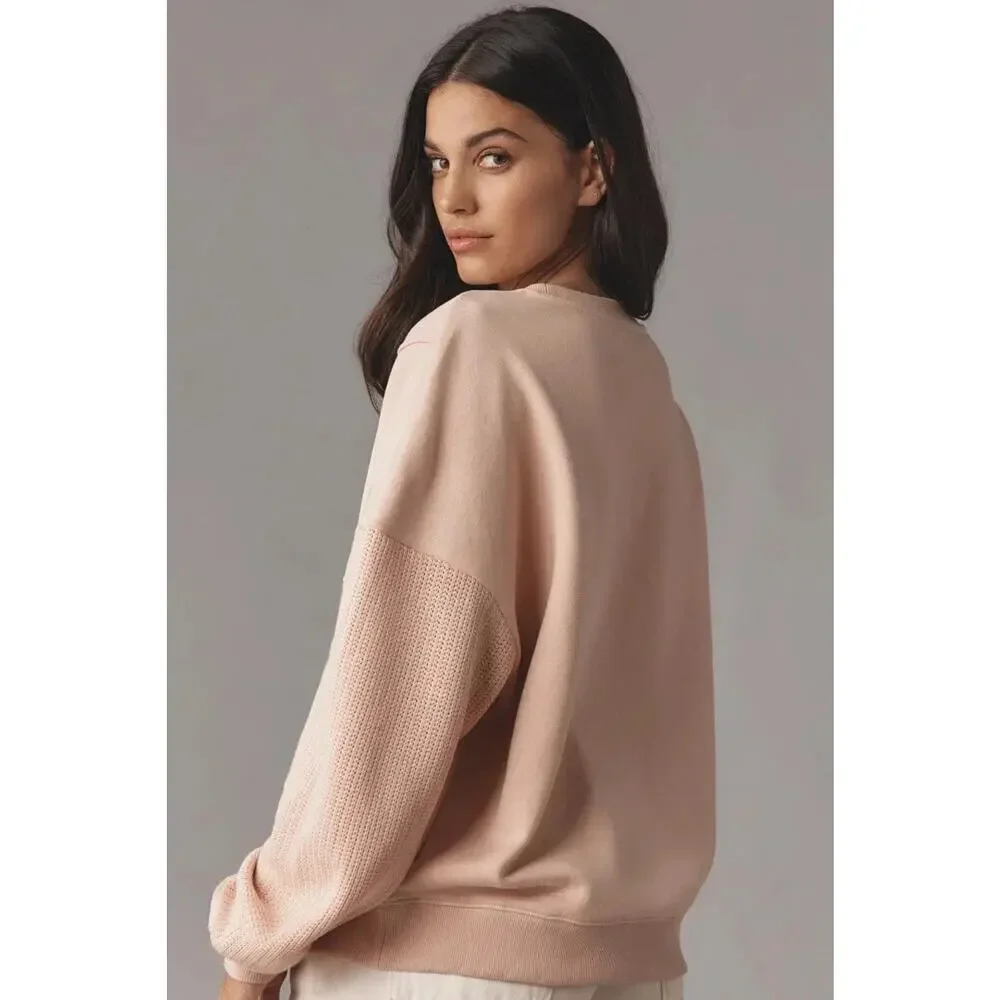 Anthropologie Pilcro Mixed Rib Sweatshirt Neutral Pink XS - Picture 2 of 10